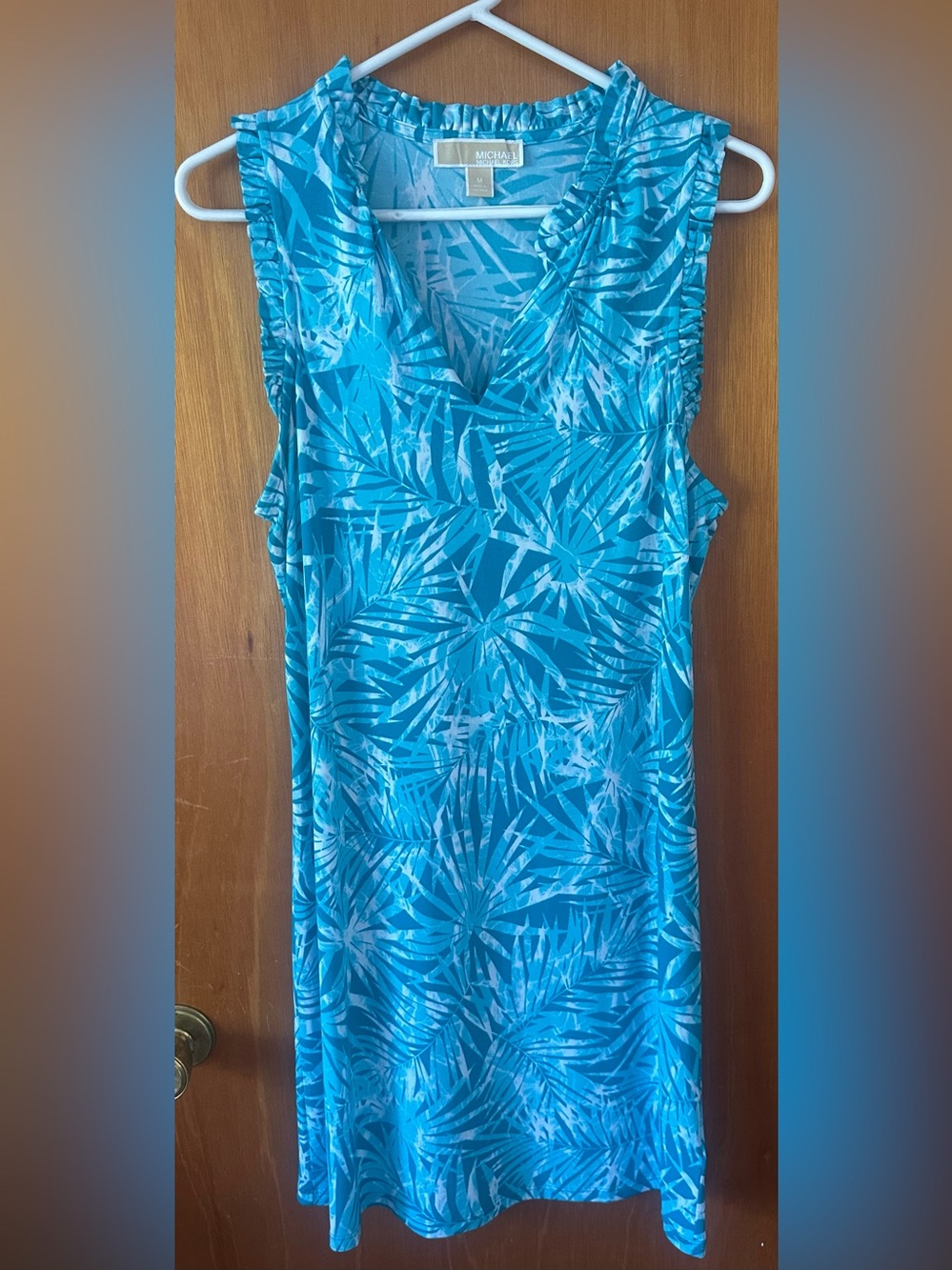 MICHAEL Michael Kors Blue Mini Palm Beach Ruffle Shift Dress Medium EUC